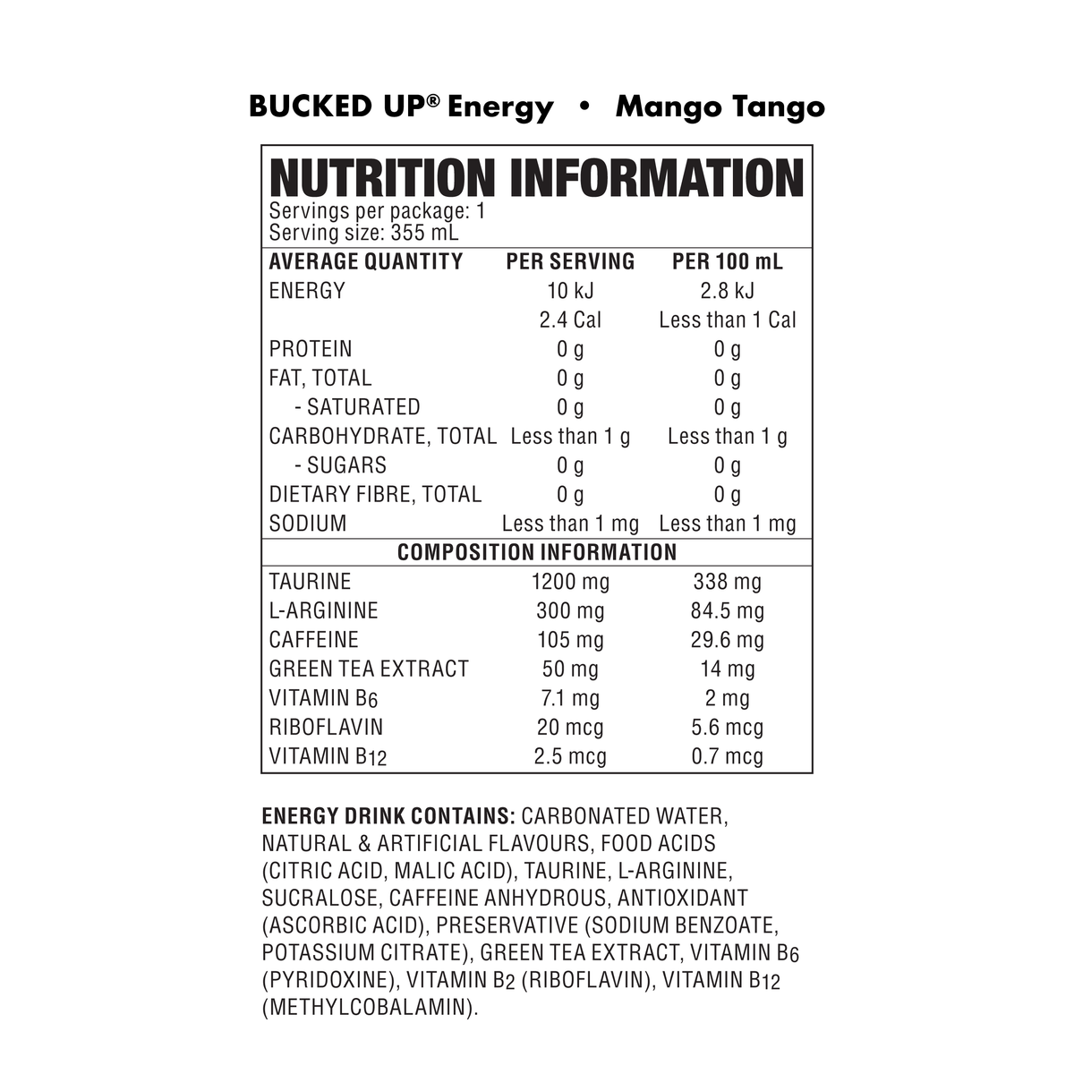 Bucked Up Energy Mango Tango nutrition panel