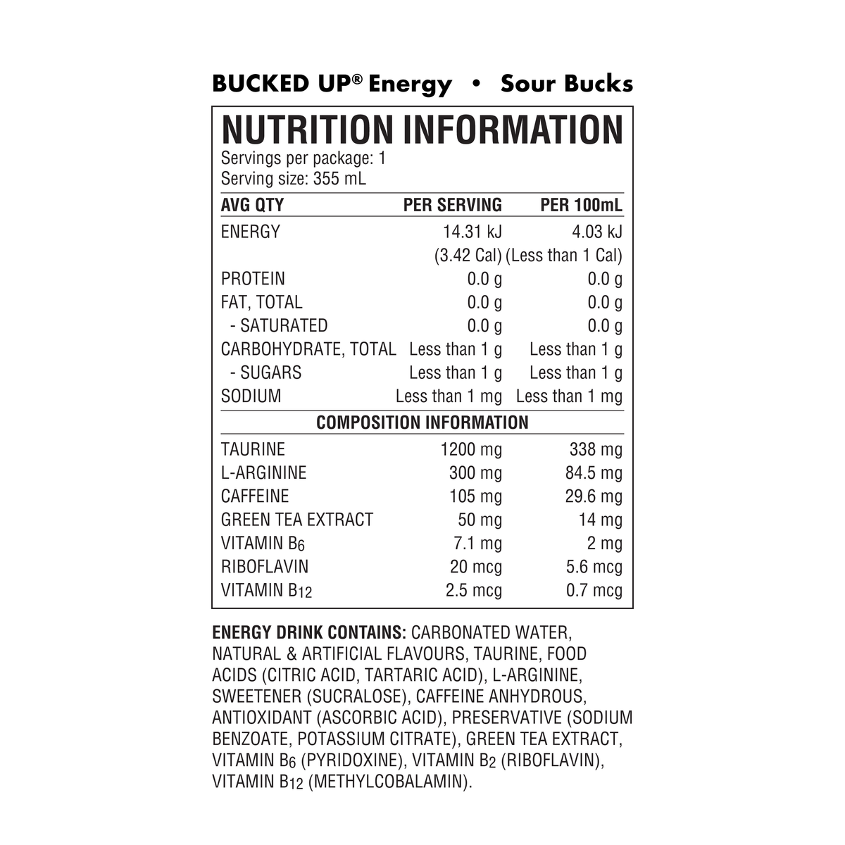 Bucked Up Energy Sour Bucks nutrition panel