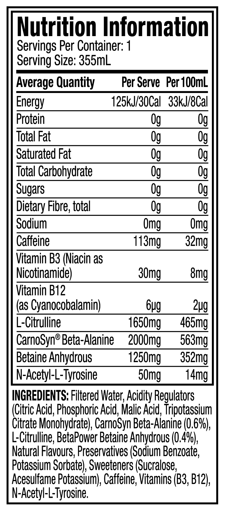 Cellucor Cellucor C4 Energy + Amino blue razz nutrition panel