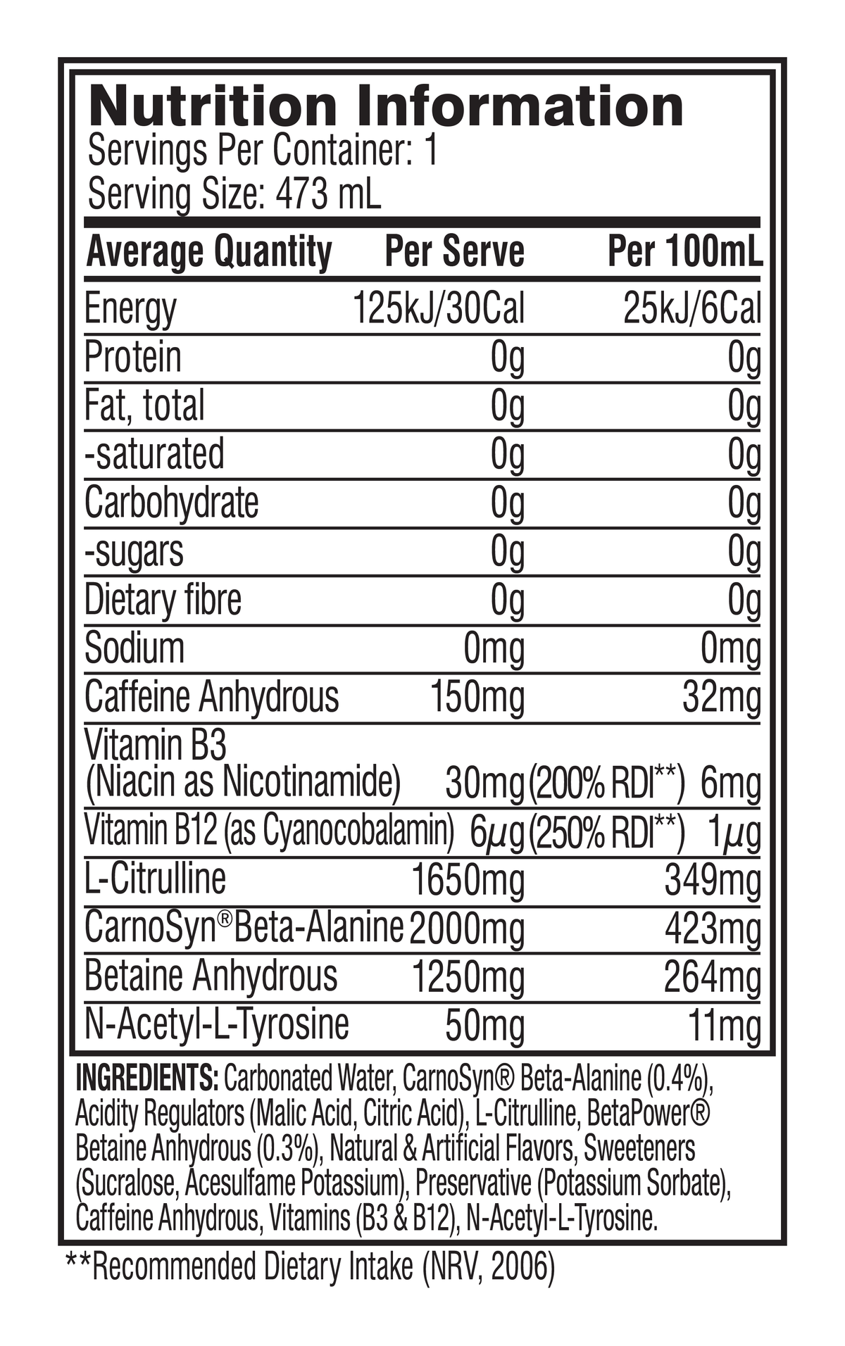 Cellucor Cellucor C4 Carbonated RTD cotton candy nutrition panel