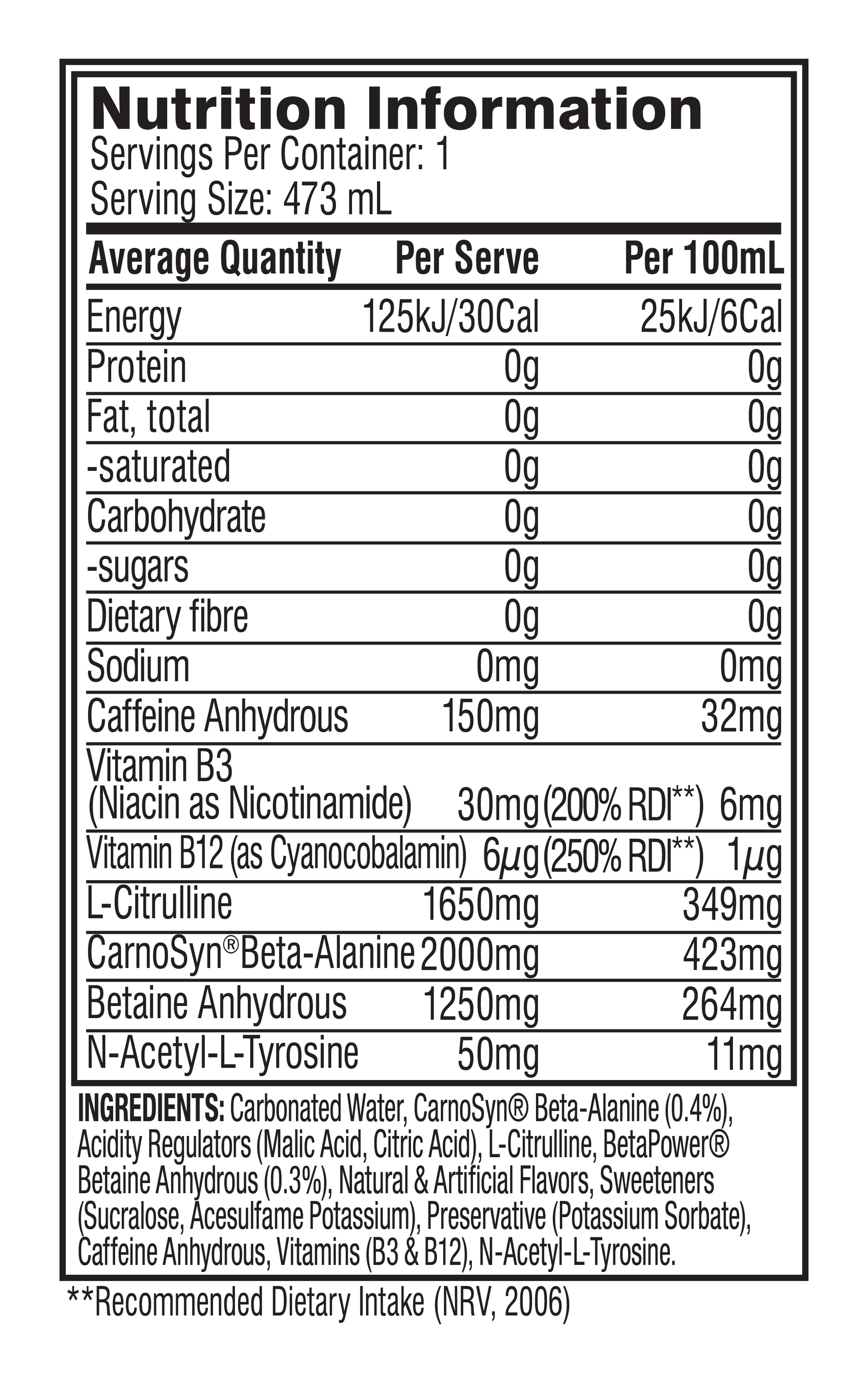 Cellucor Cellucor C4 Carbonated RTD cotton candy nutrition panel