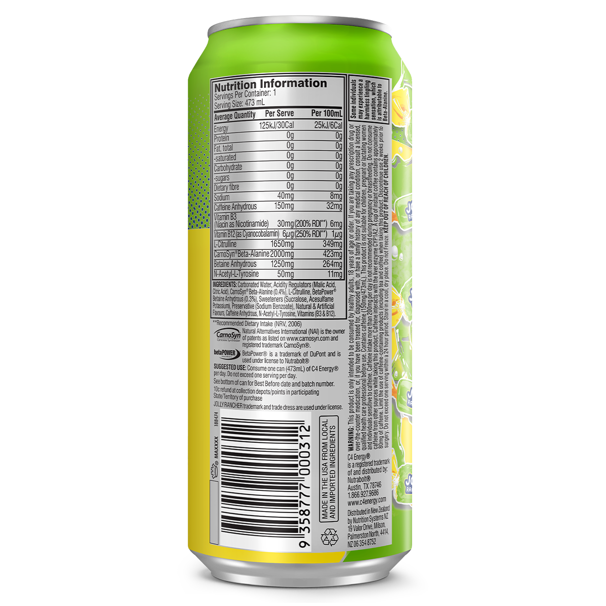 Cellucor Cellucor C4 Carbonated RTD jolly rancher green apple back of pack