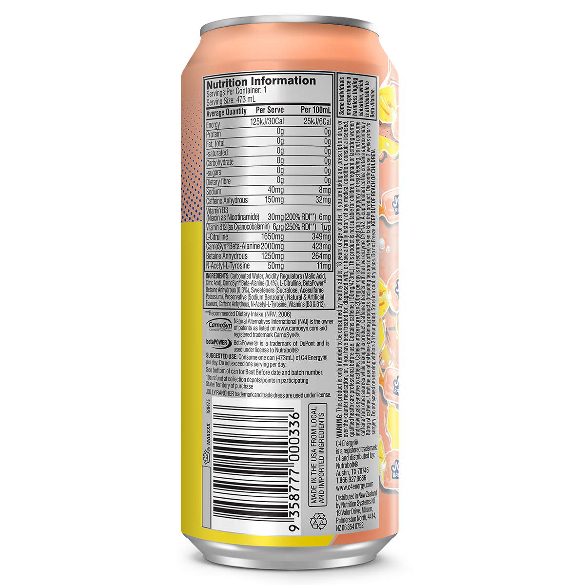 Cellucor Cellucor C4 Carbonated RTD jolly rancher peach back of pack