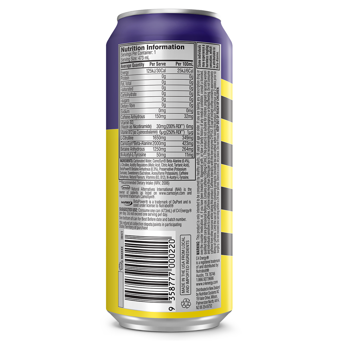 Cellucor Cellucor C4 Carbonated RTD purple frost back of pack
