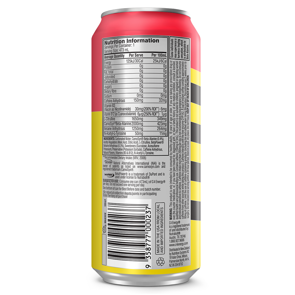 Cellucor Cellucor C4 Carbonated RTD strawberry watermelon back of pack