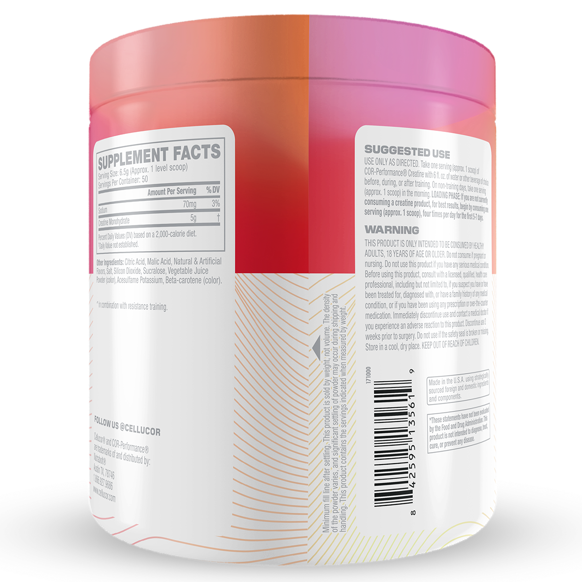 Cellucor Cor Performance Creatine Fruit Punch supplement facts and nutrition panel