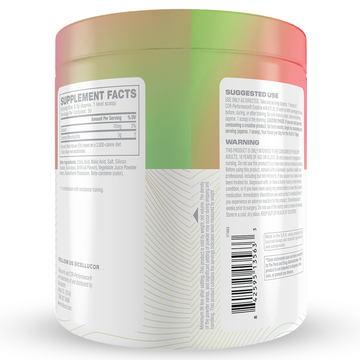 Cellucor Cor Performance Creatine Watermelon supplement facts and nutrition panel