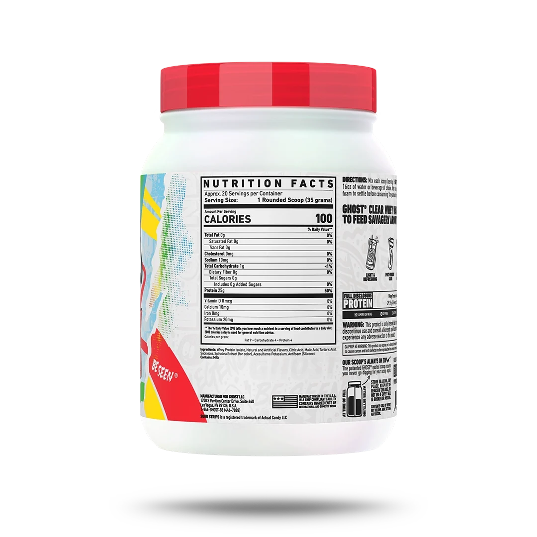 Ghost Clear Whey Isolate Sour Strip Rainbow Candy supplement facts and nutrition panel
