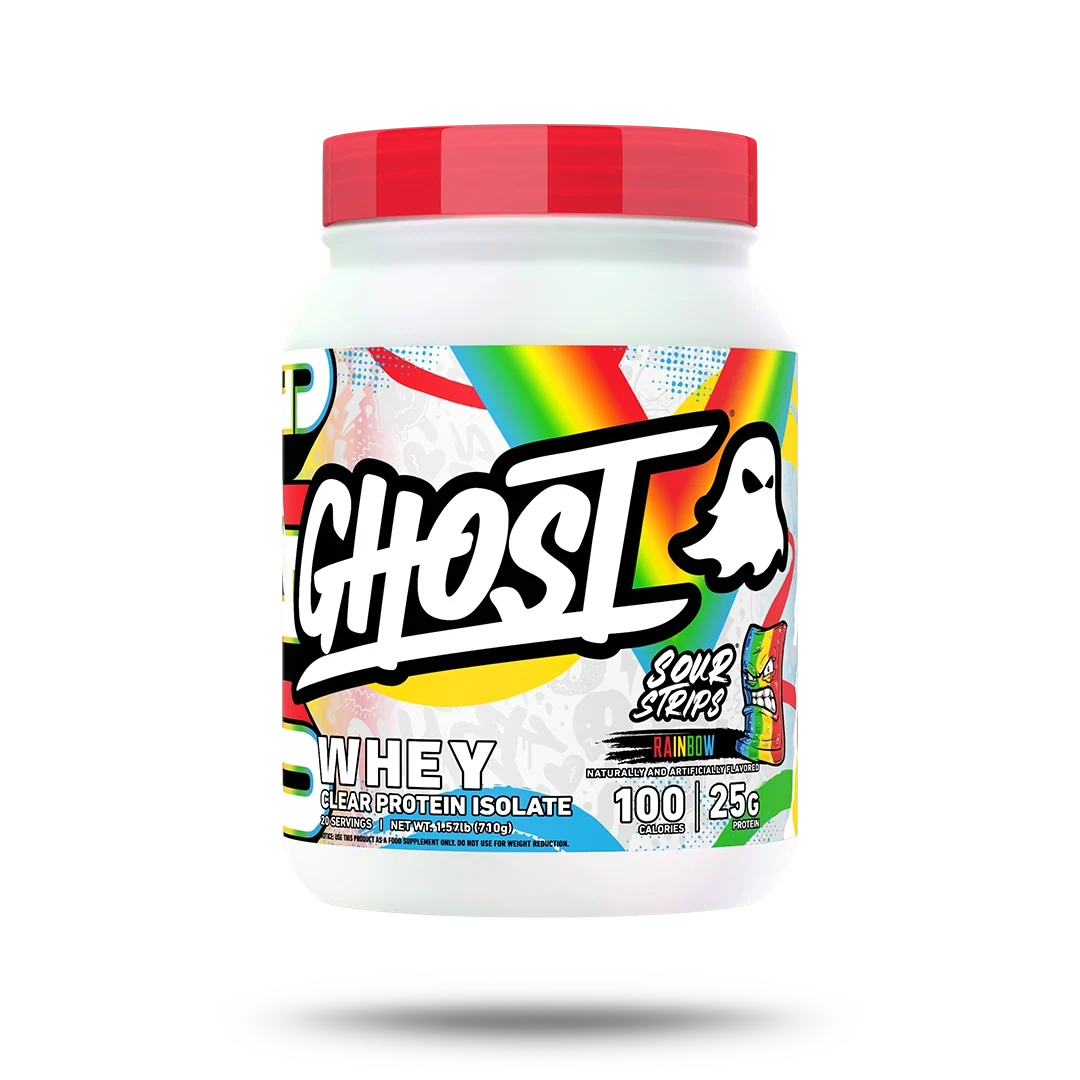 Ghost Clear Whey Isolate Sour Strip Rainbow Candy front of tub