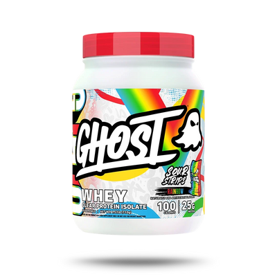 Ghost Clear Whey Isolate Sour Strip Rainbow Candy front of tub