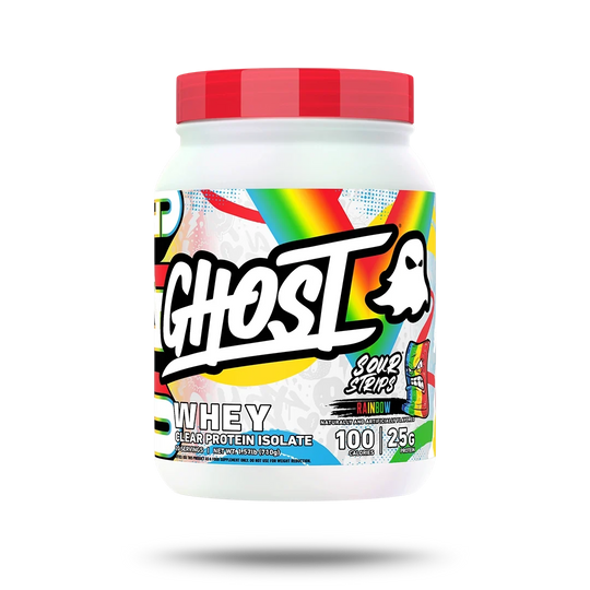Ghost Clear Whey Isolate Sour Strip Rainbow Candy front of tub