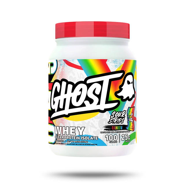 Ghost Clear Whey Isolate Sour Strip Rainbow Candy front of tub