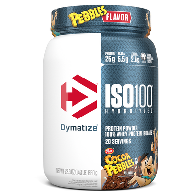 Dymatize Iso 100 whey protein powder, Cocoa Pebbles powder, 650g, NZ Supps
