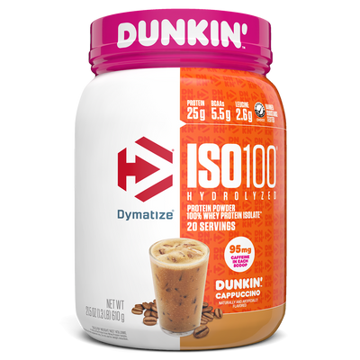 Dymatize Iso 100 whey protein powder, Dunkin Cappuccino New powder, 650g, NZ Supps