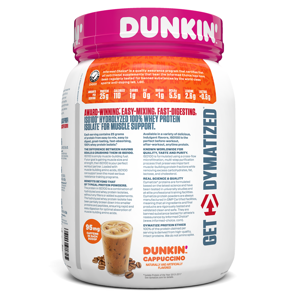 Dymatize Iso 100, Dunkin Cappuccino New — side of pack