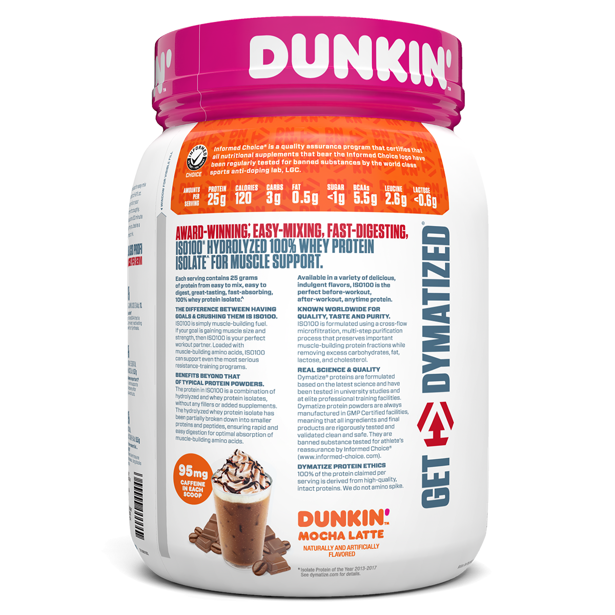 Dymatize Iso 100, Dunkin Mocha Latte New — side of pack