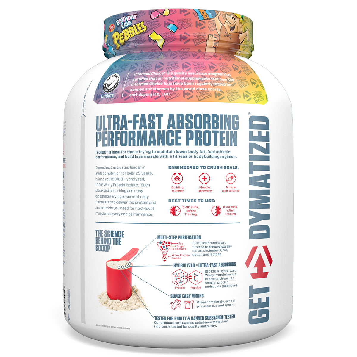 Dymatize Iso 100 Birthday Cake Pebbles side of pack