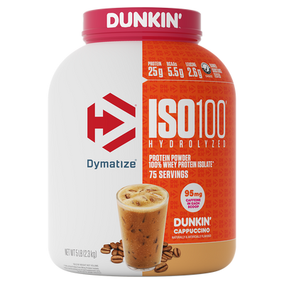 Dymatize Iso 100 whey protein powder, Dunkin Cappuccino New powder, 2.27kg, NZ Supps