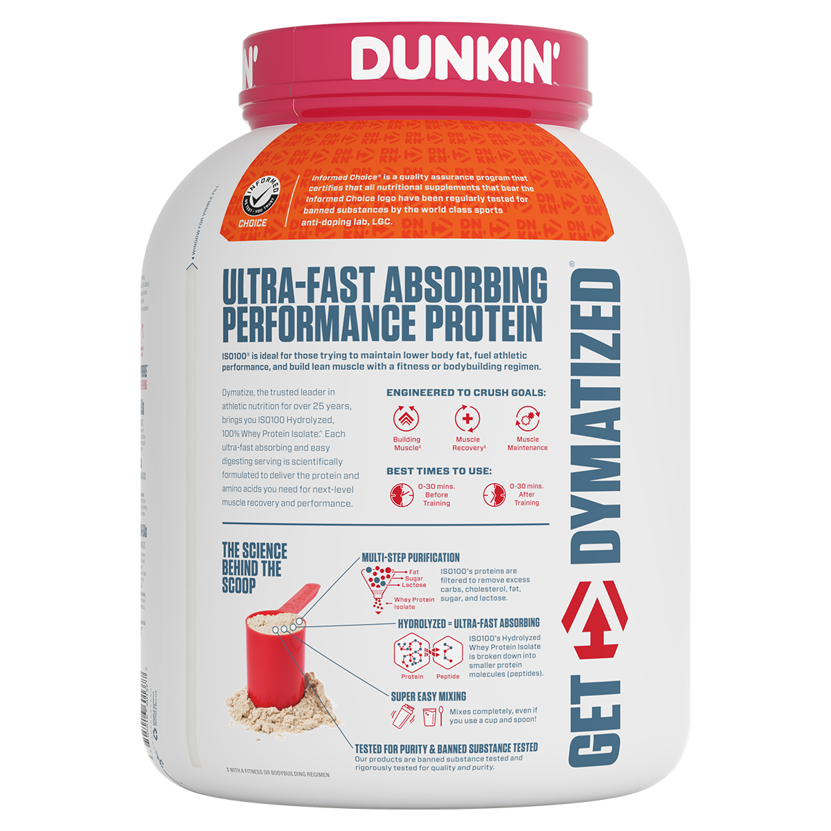 Dymatize Iso 100, Dunkin Cappuccino New — side of pack