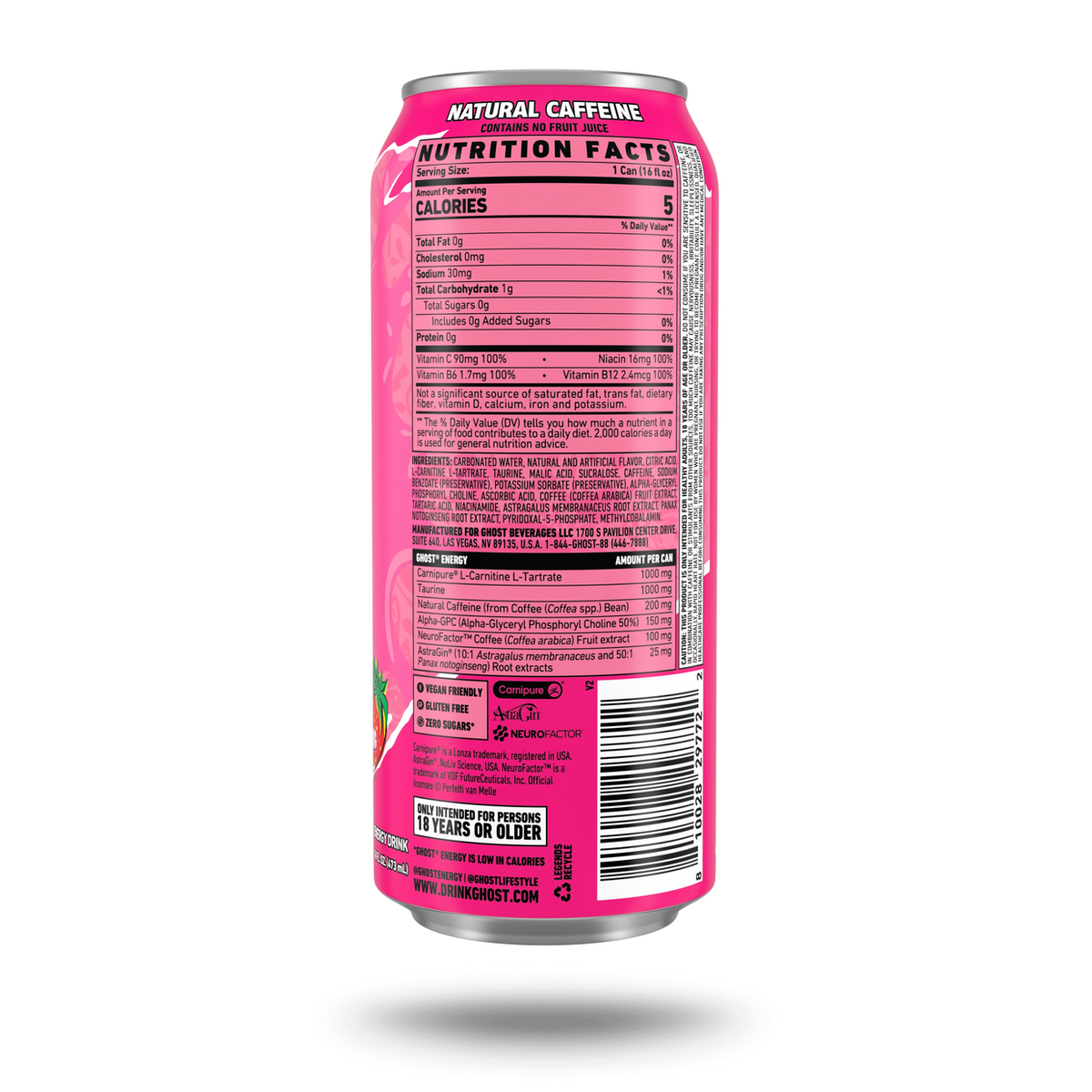 Ghost Energy Strawberry Bubblegum supplement facts and nutrition panel