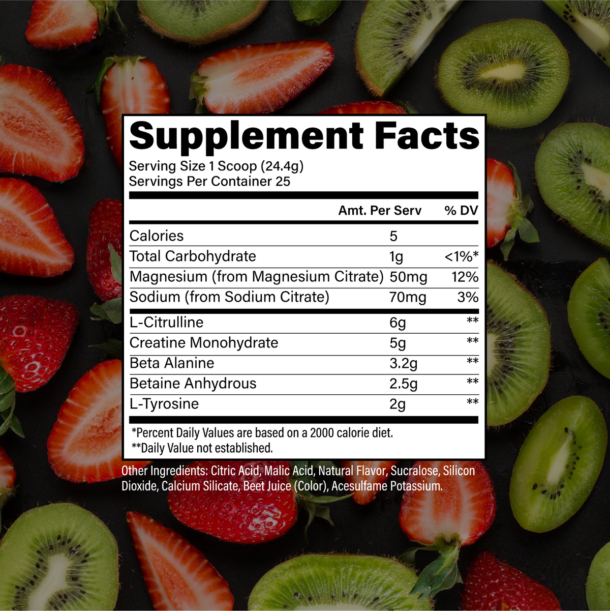 RAW Nutrition Essential Performance Strawberry Kiwi nutrition panel