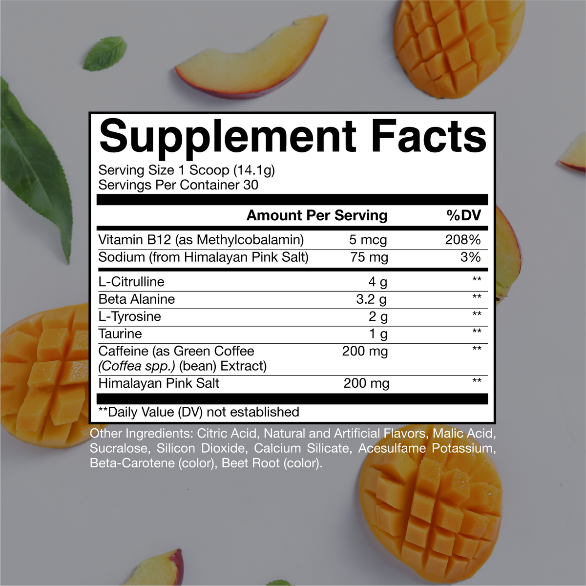 CBUM Essential Peach Mango nutrition panel