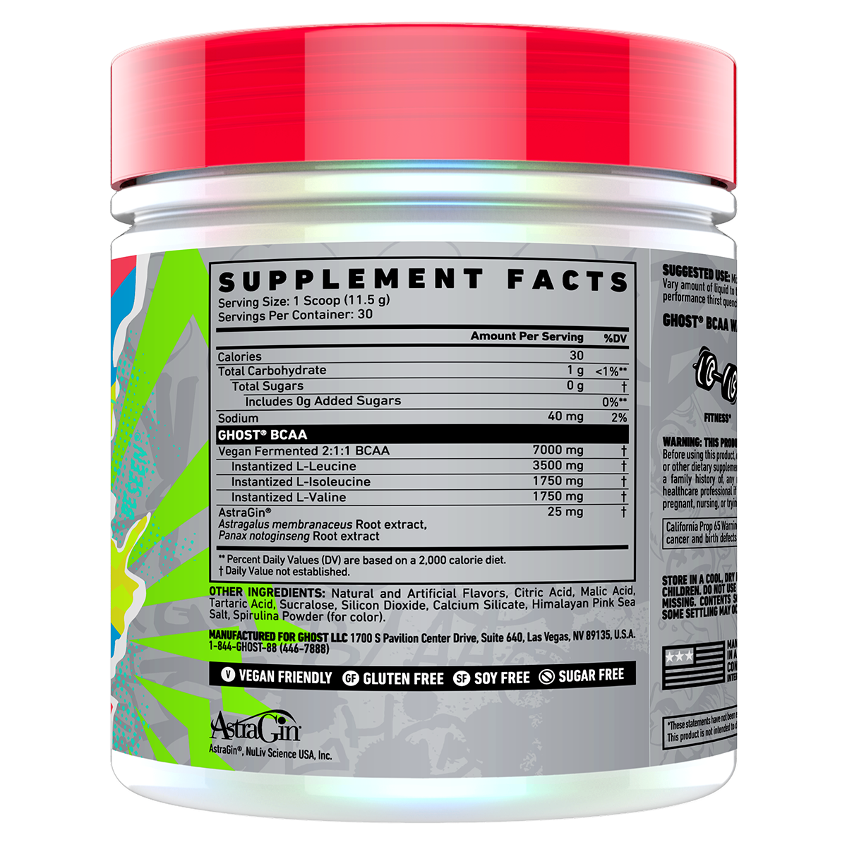 Ghost BCAA V2 Blue Raspberry New supplement facts and nutrition panel
