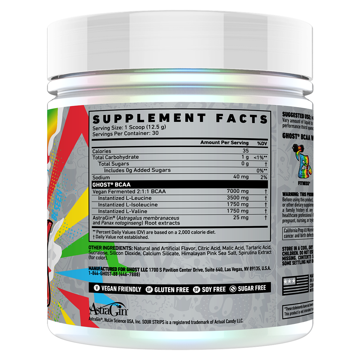 Ghost BCAA V2 Sour Strip Rainbow Candy supplement facts and nutrition panel