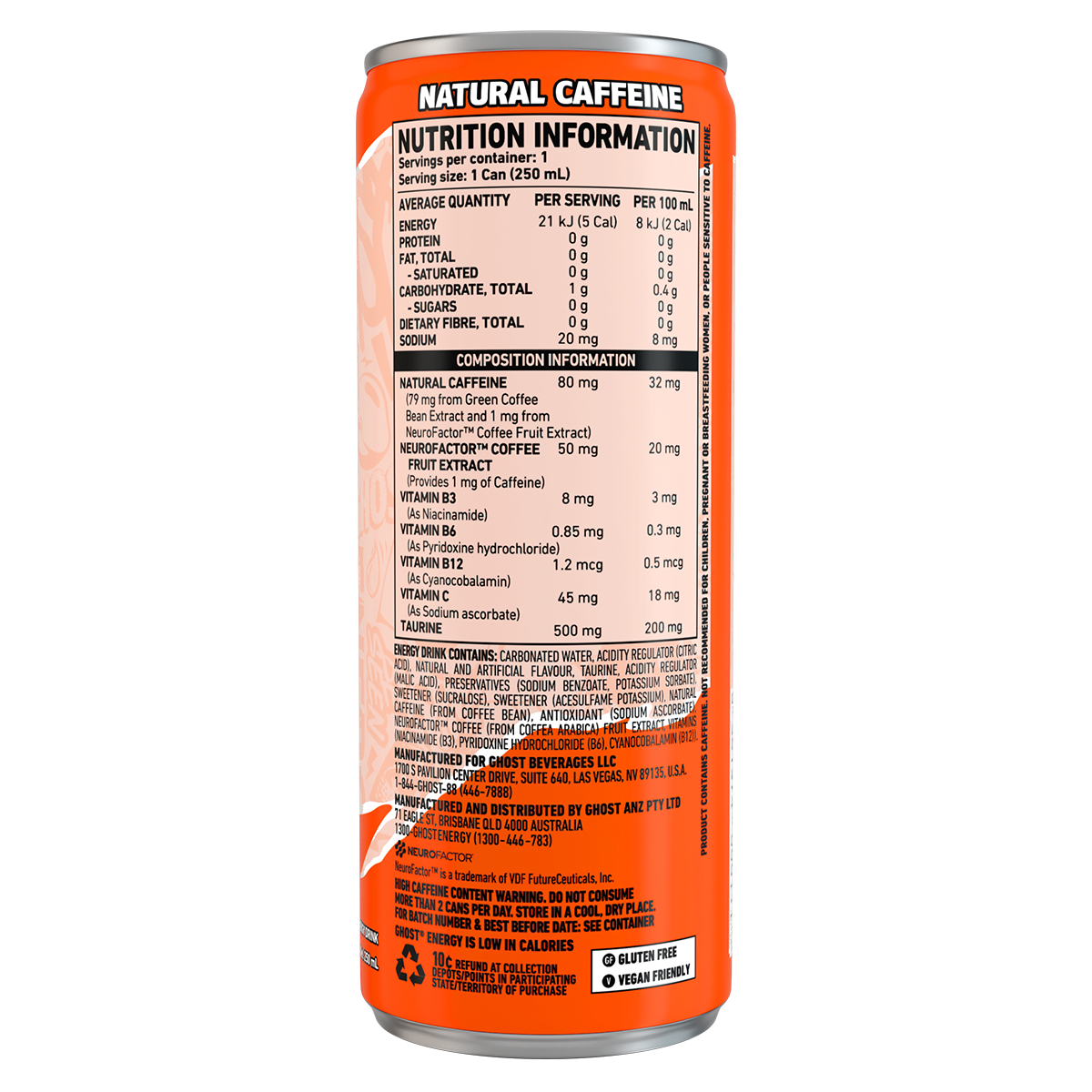 Ghost Energy RTD Peach supplement facts and nutrition panel