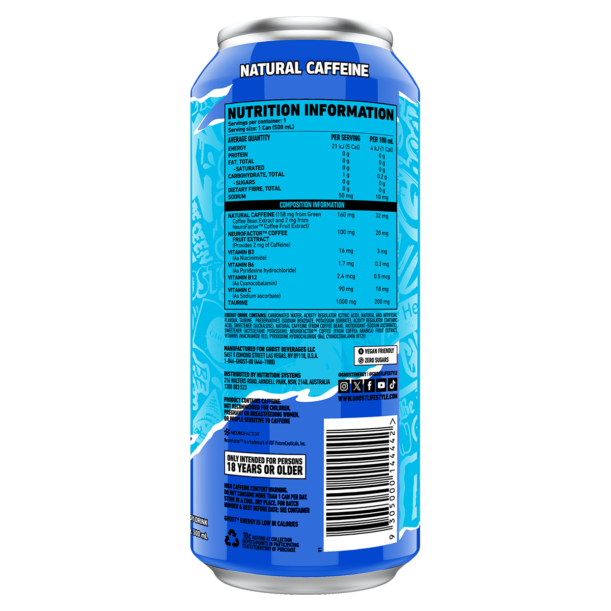 Ghost Energy RTD Blue Raspberry supplement facts and nutrition panel