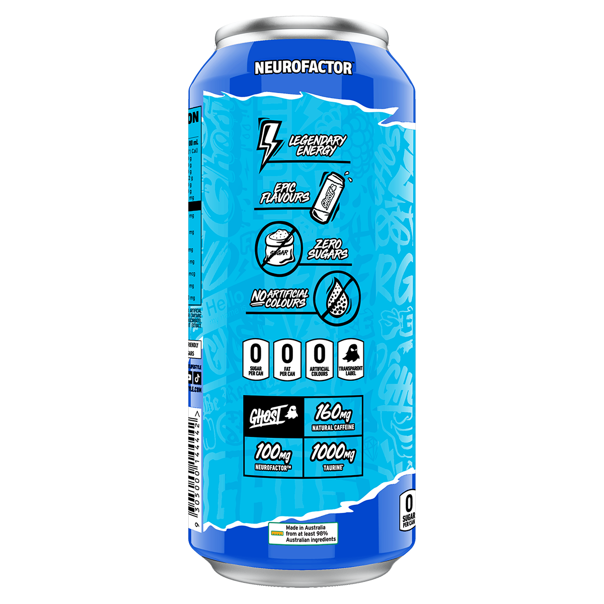 Ghost Energy RTD, Blue Raspberry — side of pack