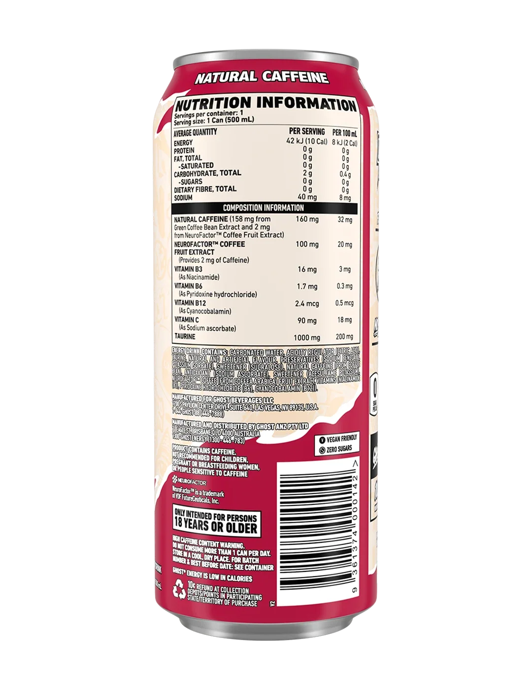 Ghost Energy RTD Creaming Soda 500ml supplement facts and nutrition panel