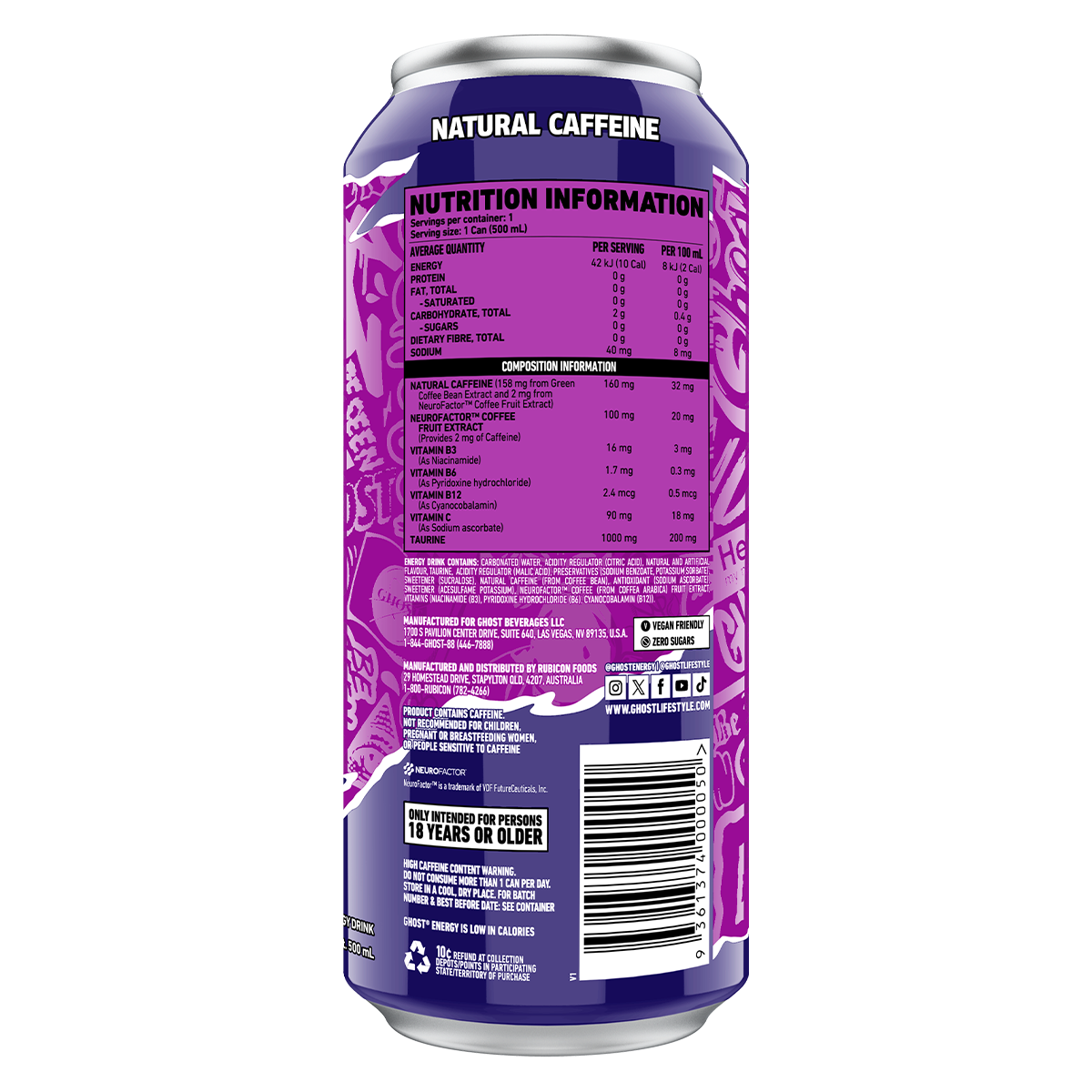 Ghost Energy RTD Grape supplement facts and nutrition panel