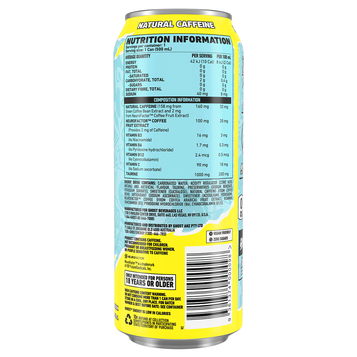 Ghost Ghost Energy RTD ice tea lemonade nutrition panel