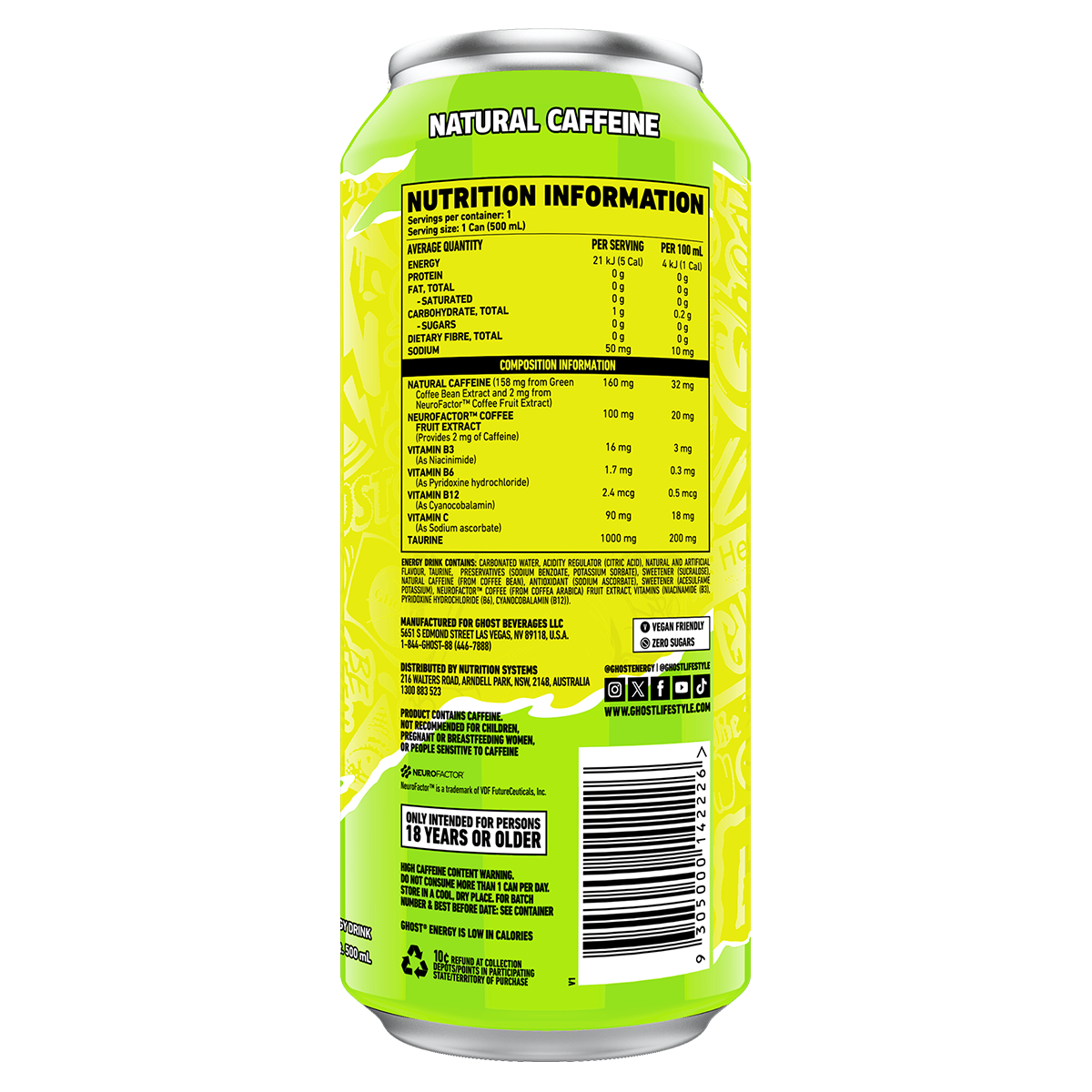Ghost Energy RTD Lemon Lime supplement facts and nutrition panel