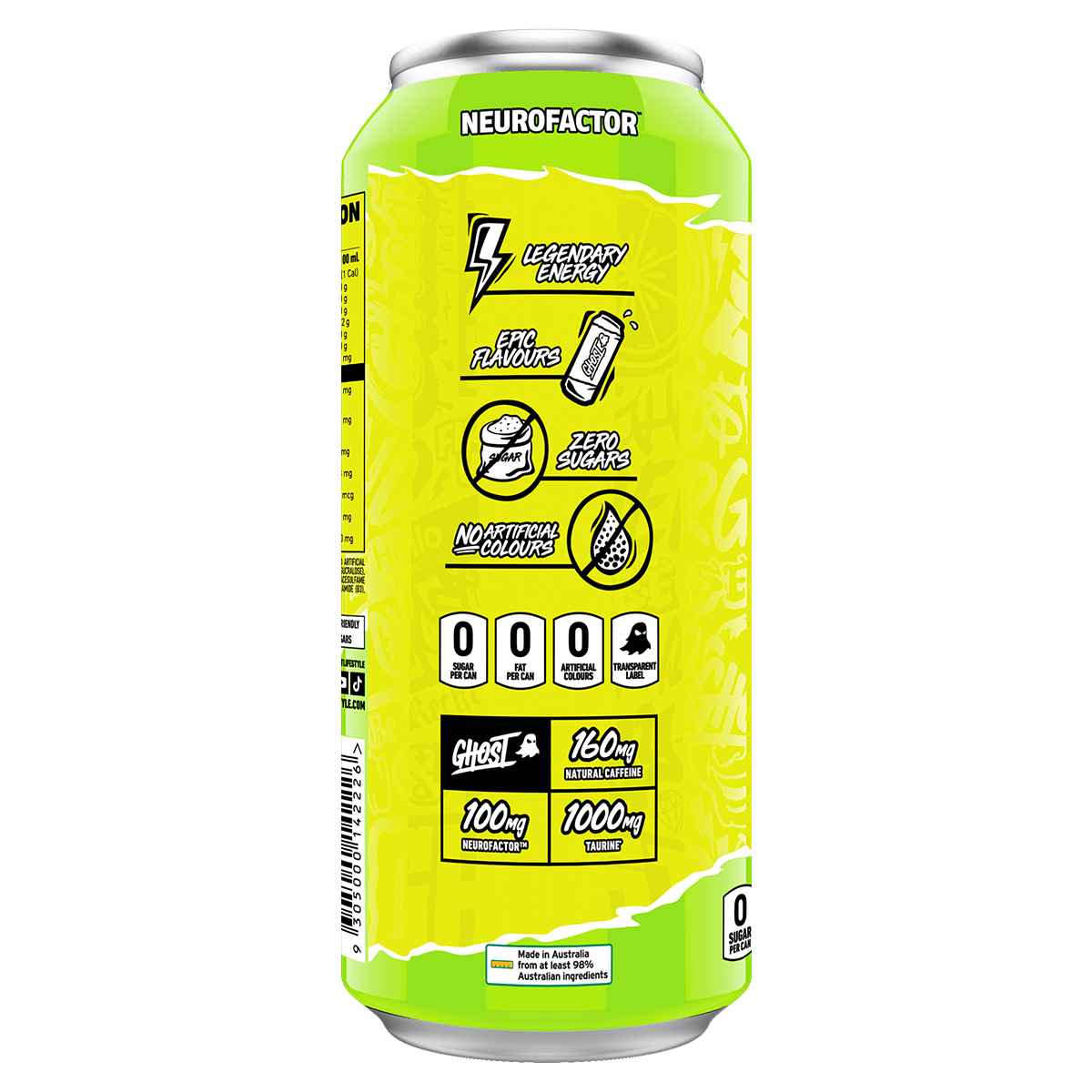 Ghost Energy RTD, Lemon Lime — side of pack