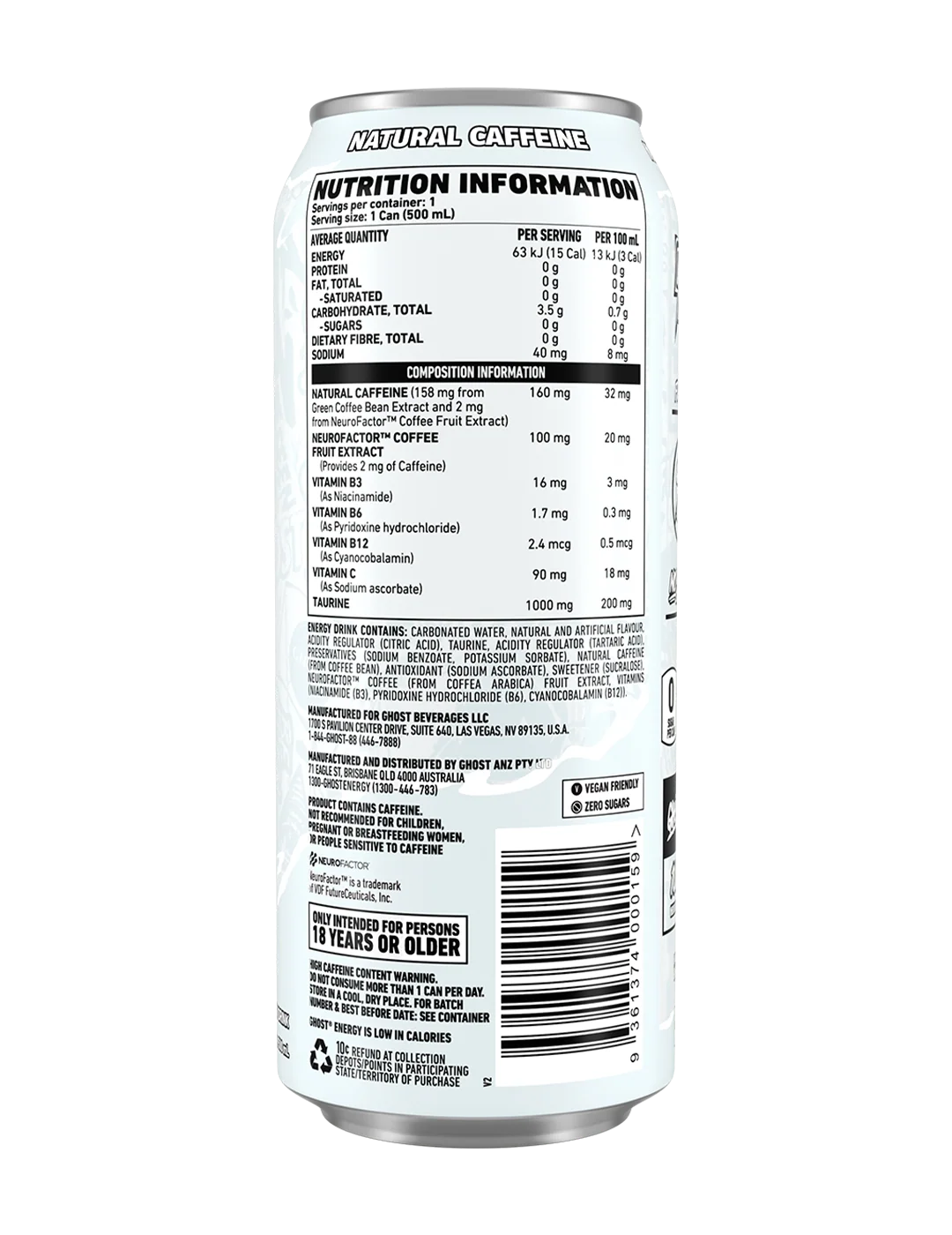 Ghost Energy RTD Original 500ml supplement facts and nutrition panel