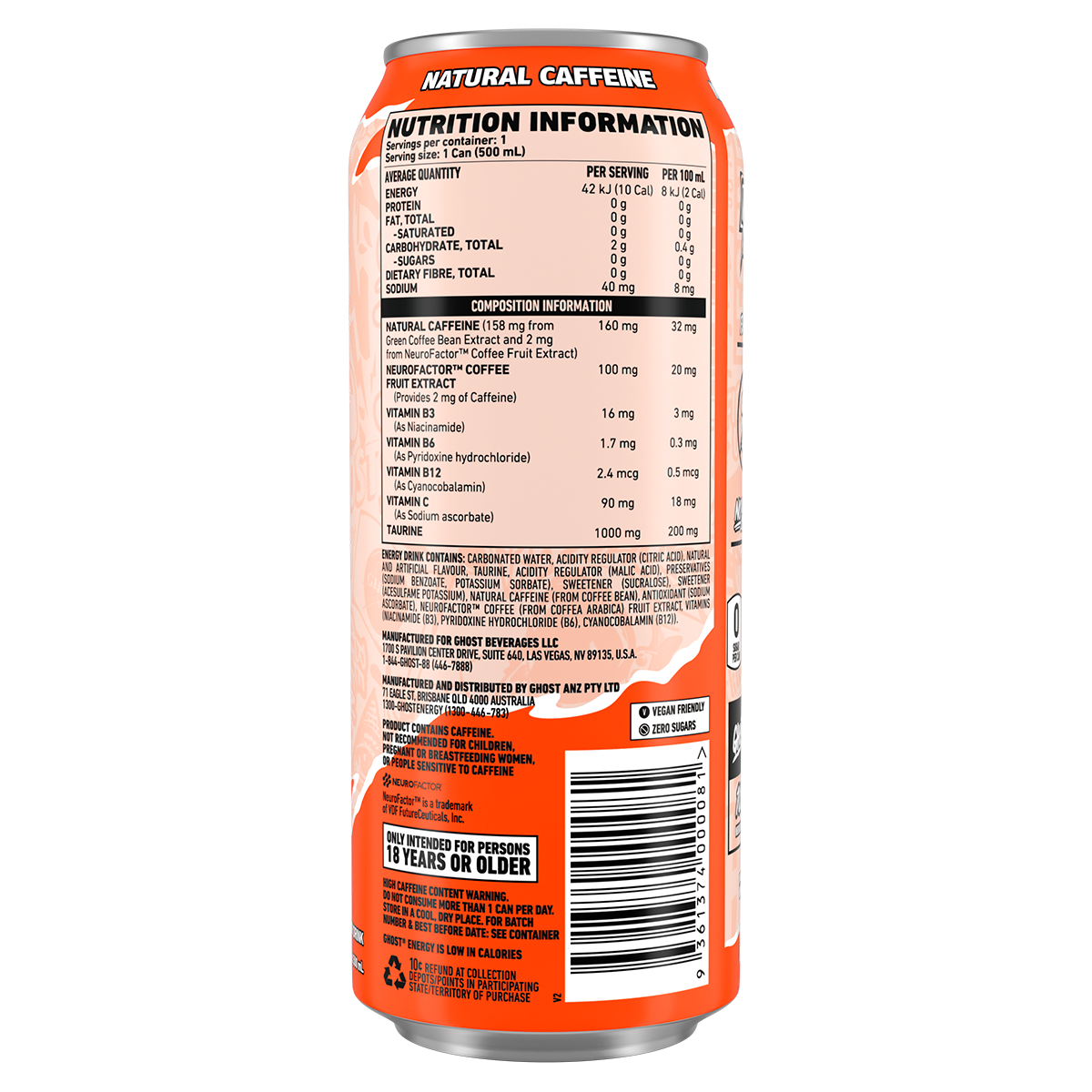 Ghost Energy RTD Peaches supplement facts and nutrition panel