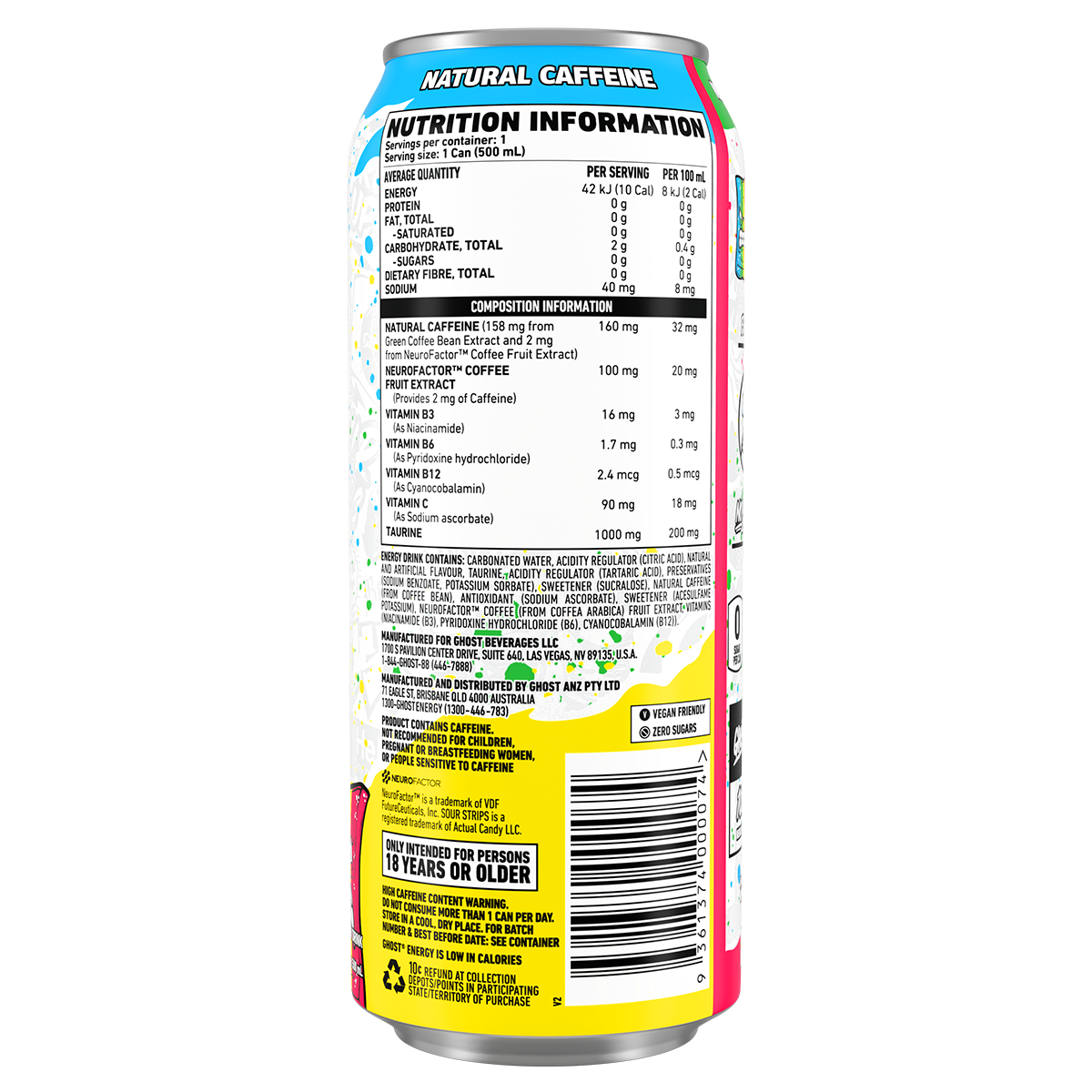 Ghost 12-Pack Energy RTD Sour Strip nutrition panel