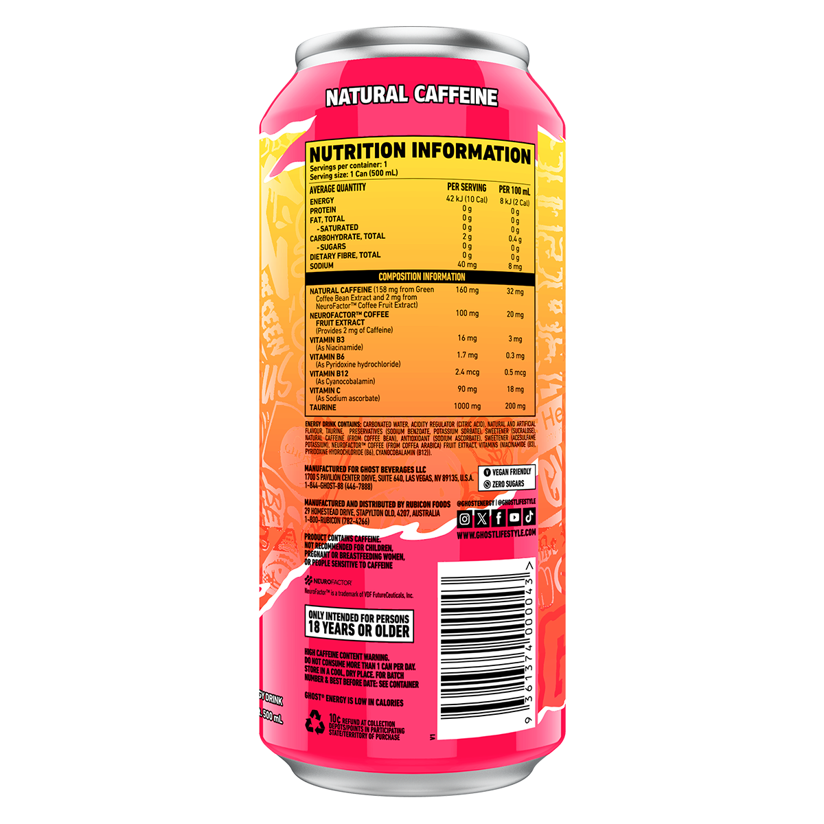 Ghost Energy RTD Strawbango supplement facts and nutrition panel