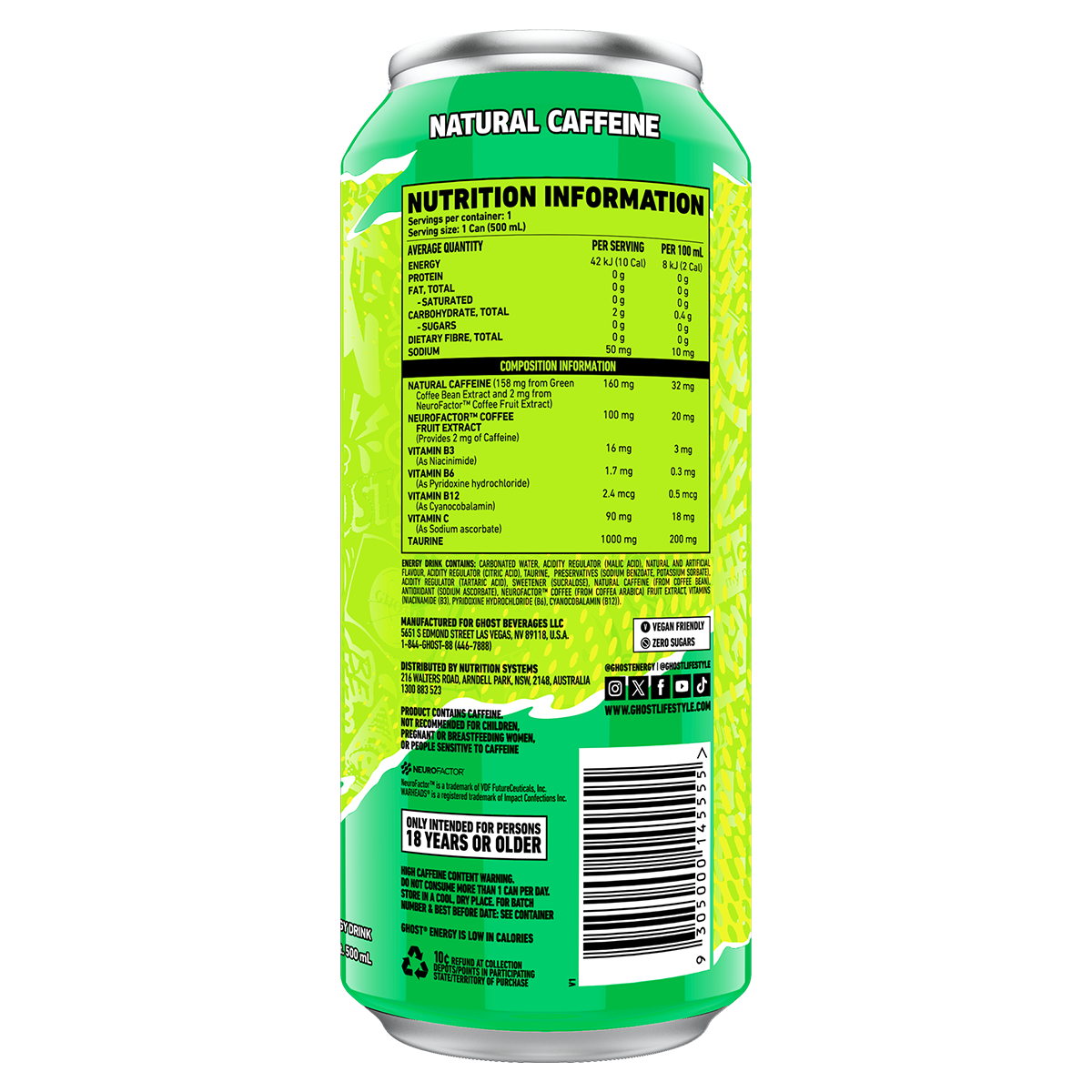 Ghost Energy RTD Warheads Sour Green Apple New supplement facts and nutrition panel