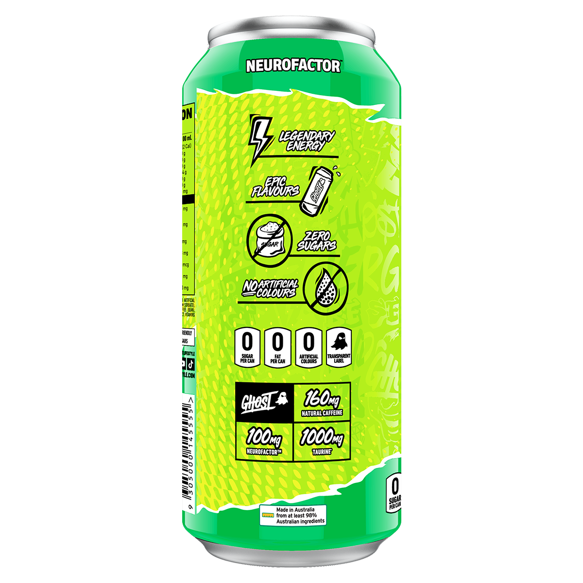 Ghost Energy RTD, Warheads Sour Green Apple New — side of pack