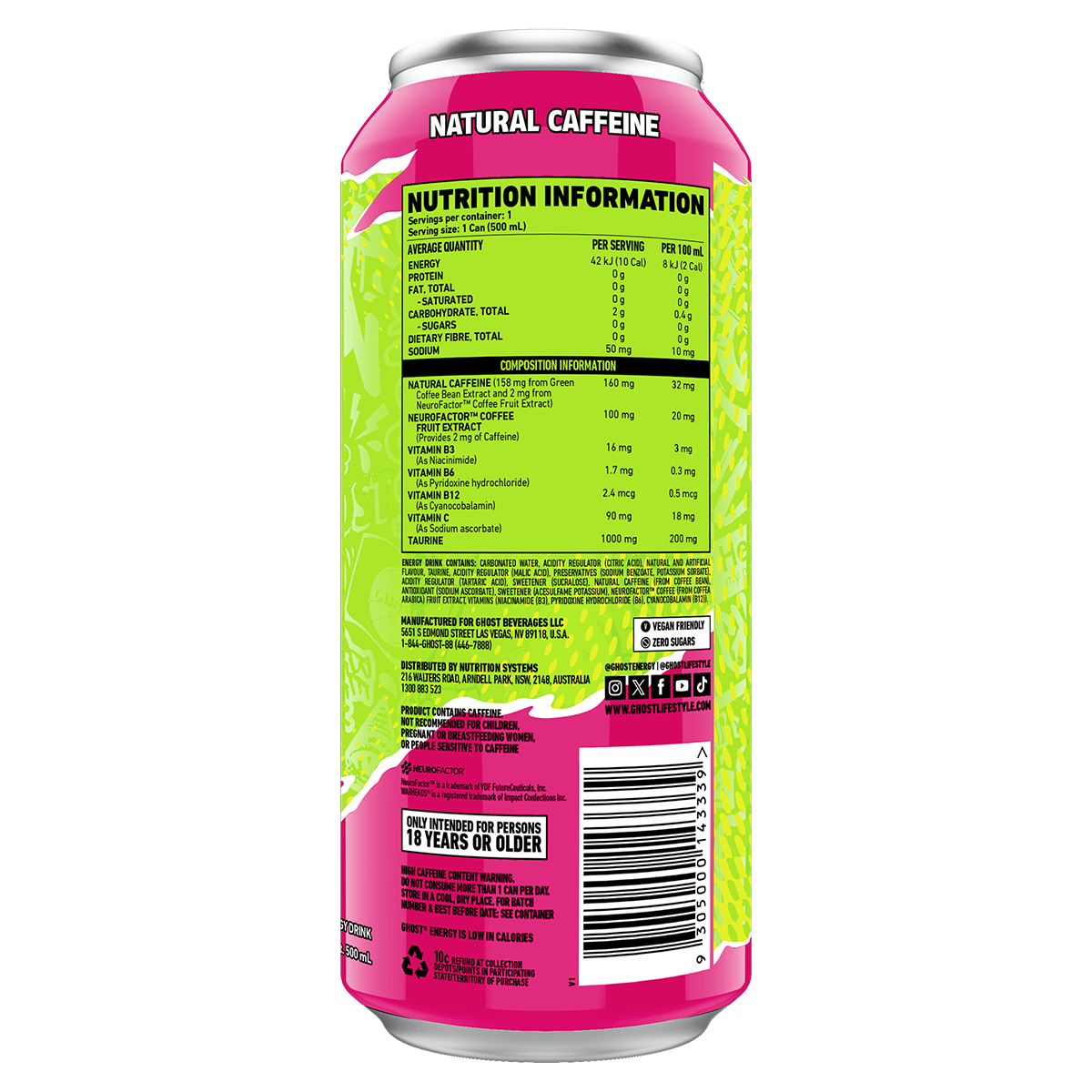 Ghost Ghost Energy RTD warheads watermelon nutrition panel