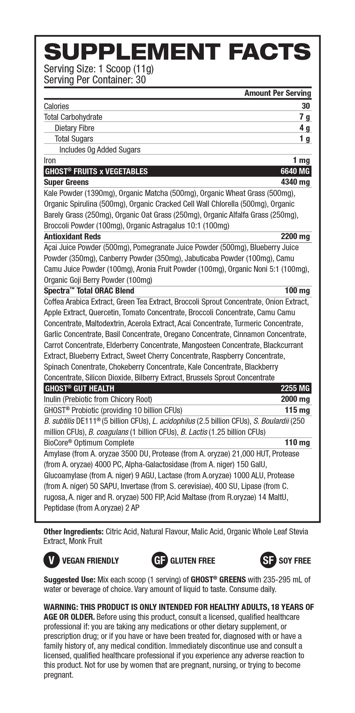 Ghost Greens supplement facts and nutrition panel