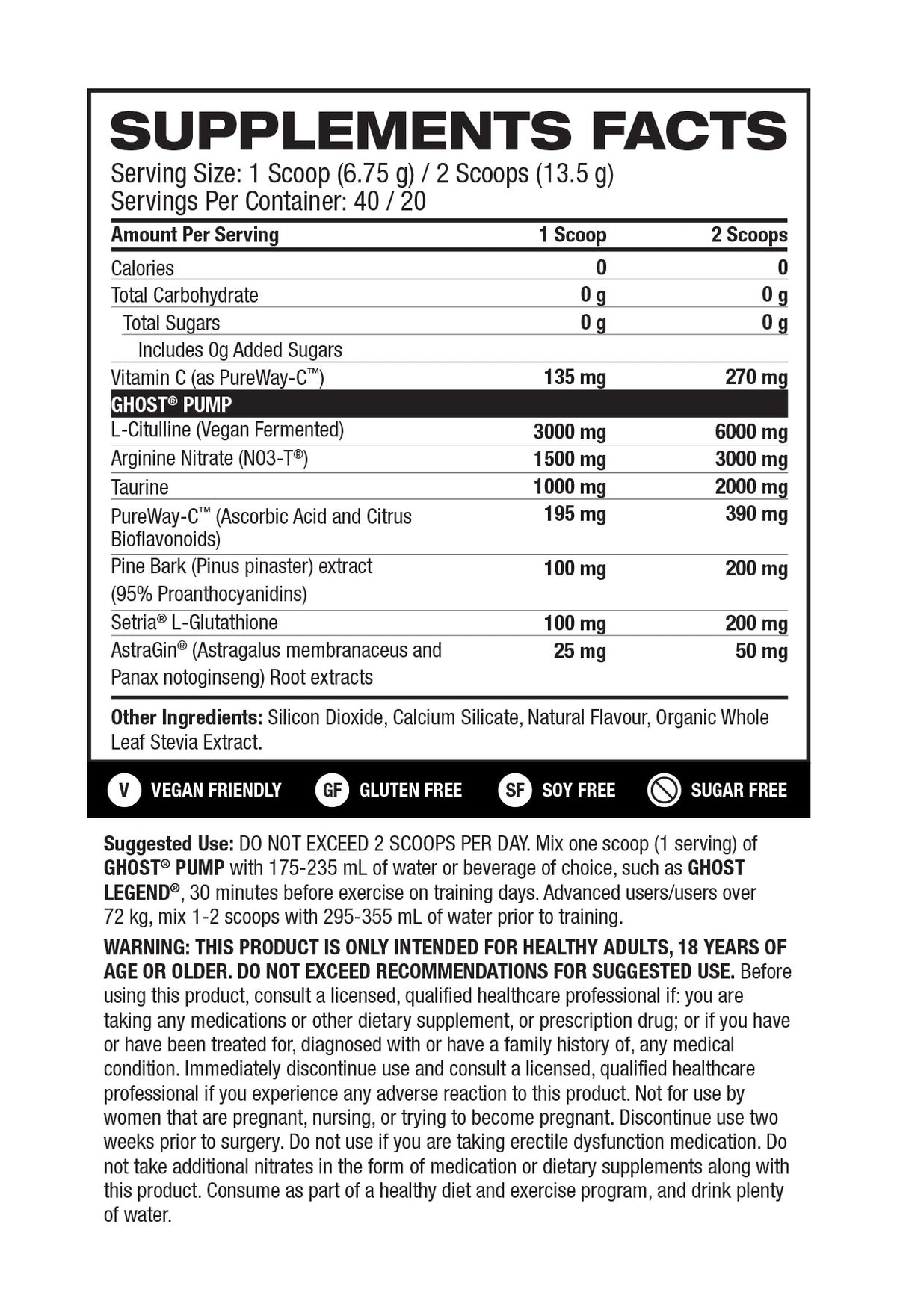Ghost Pump V2 Natty supplement facts and nutrition panel