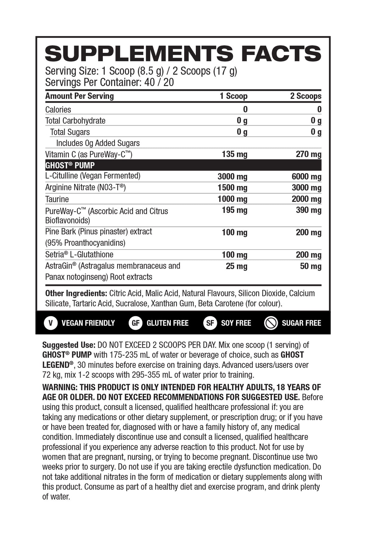 Ghost Pump V2 Peach supplement facts and nutrition panel