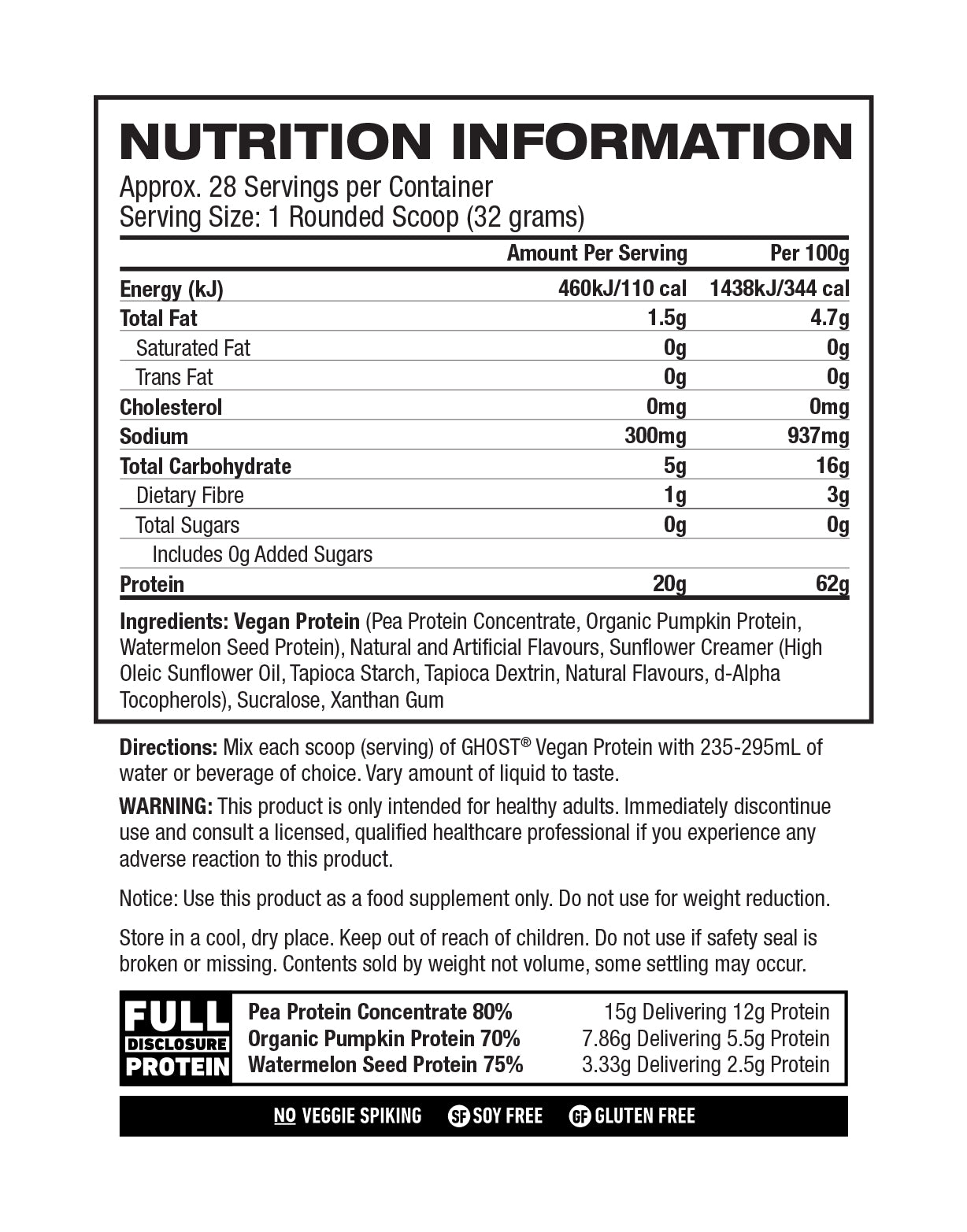 Ghost Vegan Protein Banana Pancake supplement facts and nutrition panel
