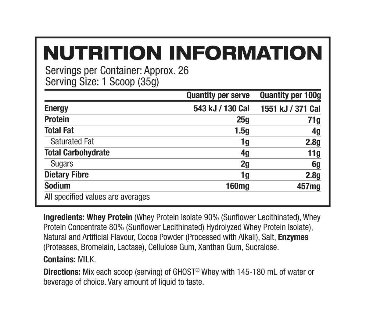 Ghost Whey Milk Chocolate nutrition panel