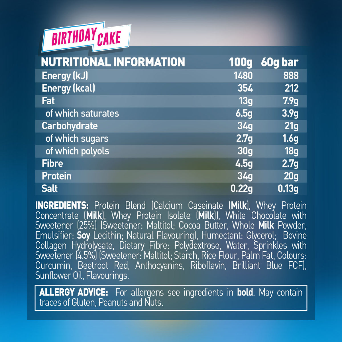 Grenade 12-Box Protein Bar Birthday Cake nutrition panel