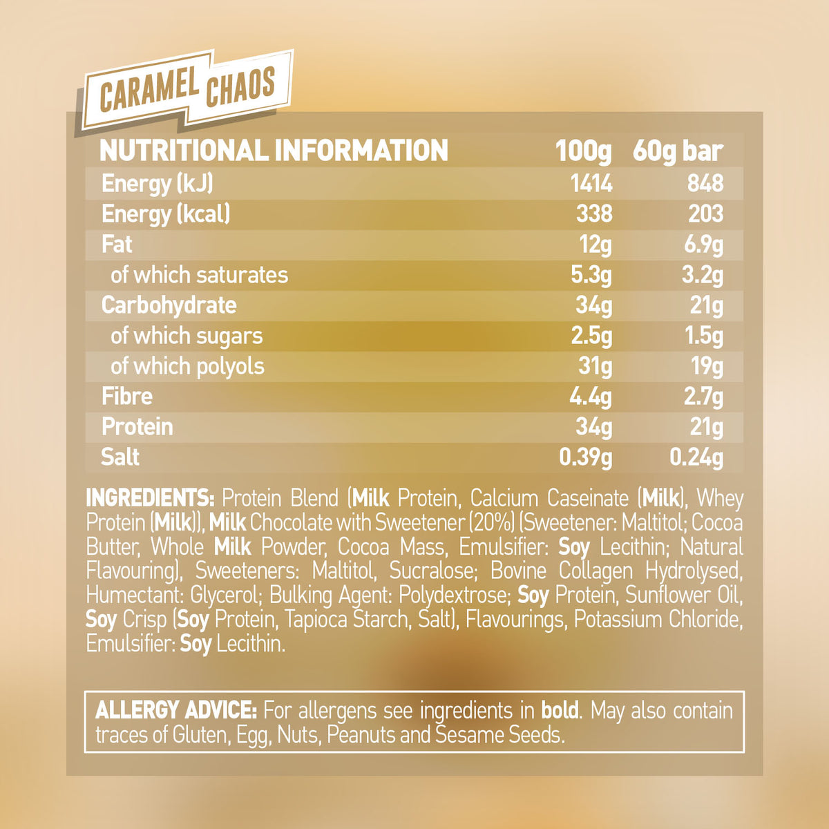 Grenade 12-Box Protein Bar Caramel Chaos nutrition panel